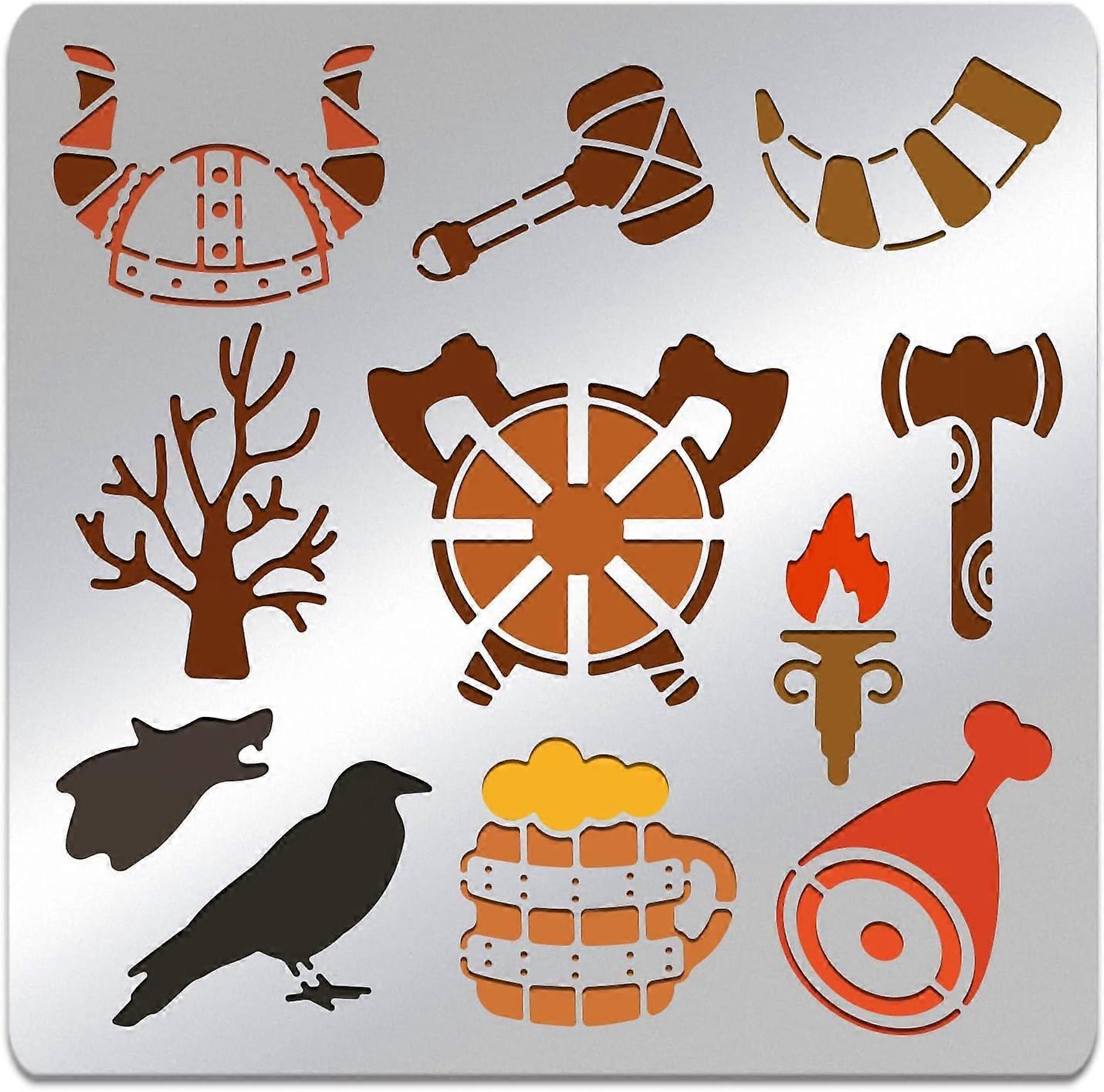 Viking Theme Pattern Stencil 6x6 inch Stainless Steel Reusable Animals Shields Trees Torches DIY Template Stencils for Wood Burning Engraving Pyrograp