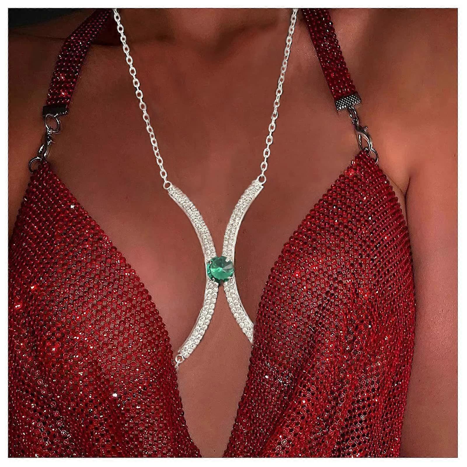 Catena Body Gioiello Per Donna – Imbracatura Bikini Con Strass Cristallo Verde, Regolabile - Foto 2