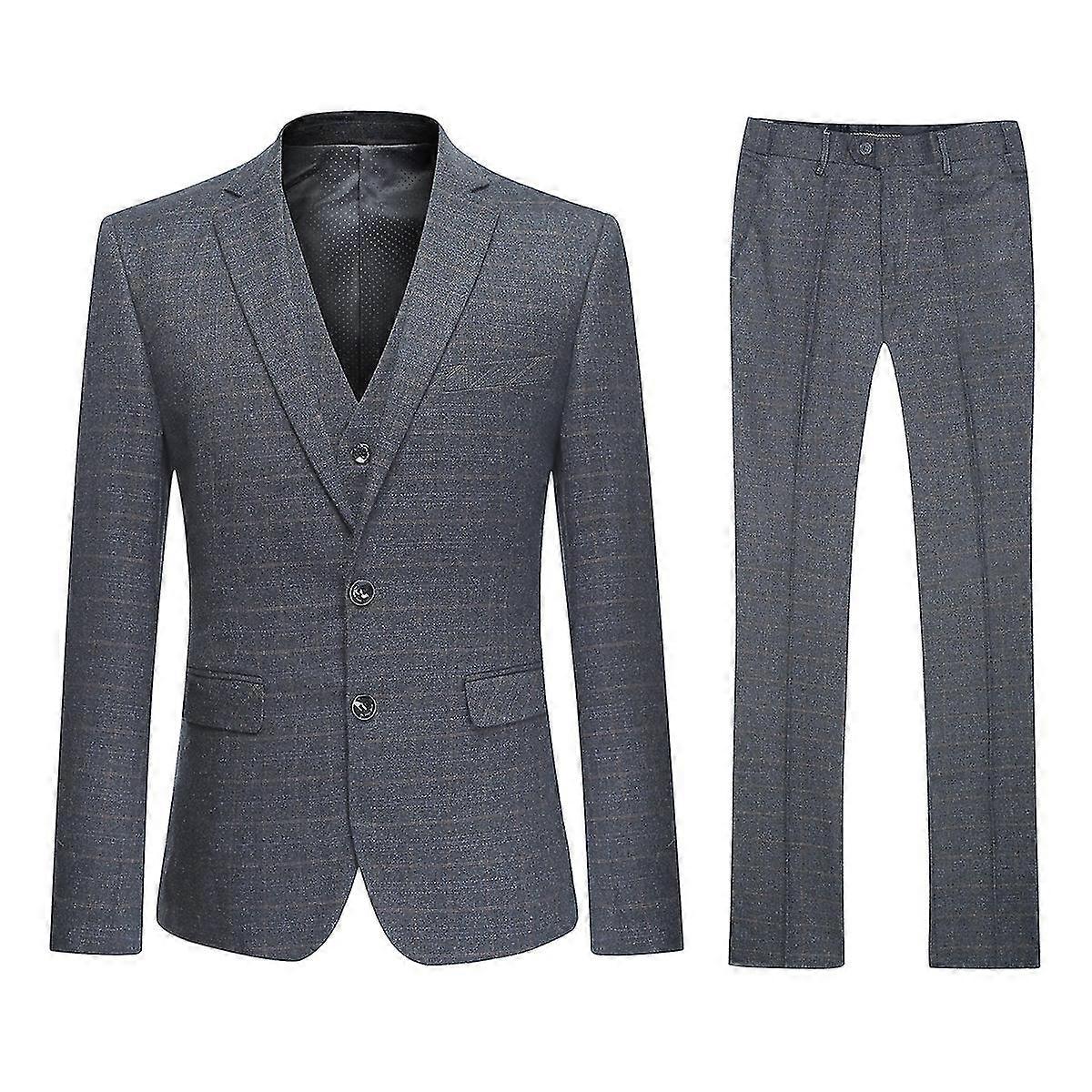 Costume 3 pièces à carreaux jaune mince à deux boutons pour hommes