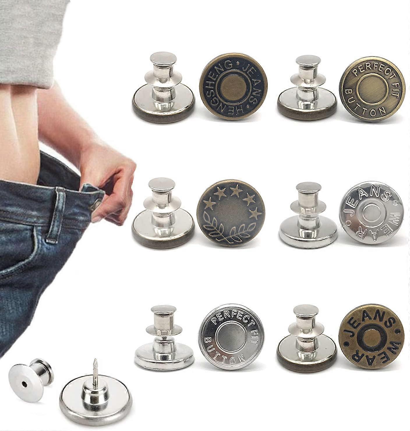 6 Pack Jeans Buttons, Adjustable Button Pins, Tighten Pants Waist, No Sew and No Tools, Instant Pants Pins, Simple Installation, Reusable
