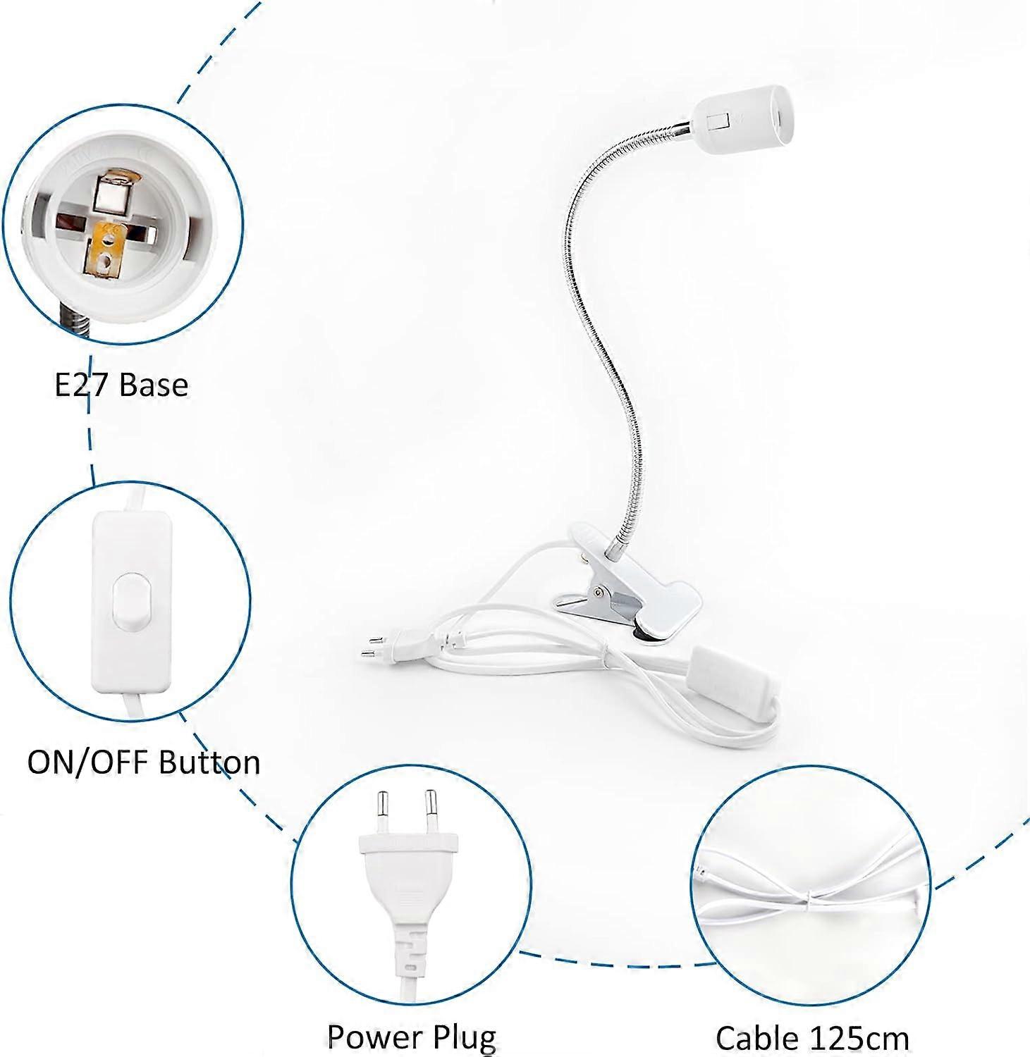 E27 socket with clamp, cable with ON/OFF switch and European plug, E27 socket with 360 adjustable gooseneck clamp, white (without bulb)