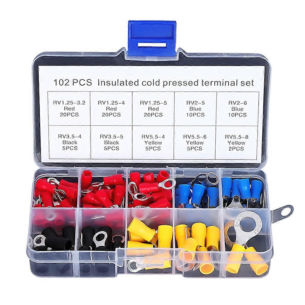 102 Pcs Insulated Ring Type Copper Crimp Terminals Electrical Wire Connector