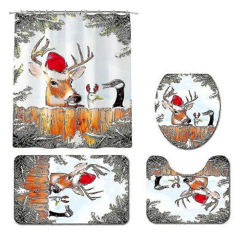 4stk juledyr print Vandtæt bruseforhæng Toilet tæppe sæt