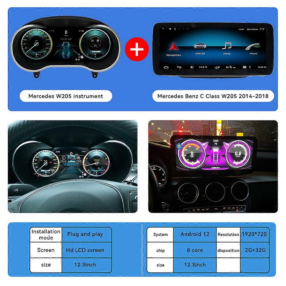 Cockpit Android 12 Wireless CarPlay For Mercedes Benz C Class W205 2014-2018 Car Multimedia GPS Navigation Digital Cluster Meter