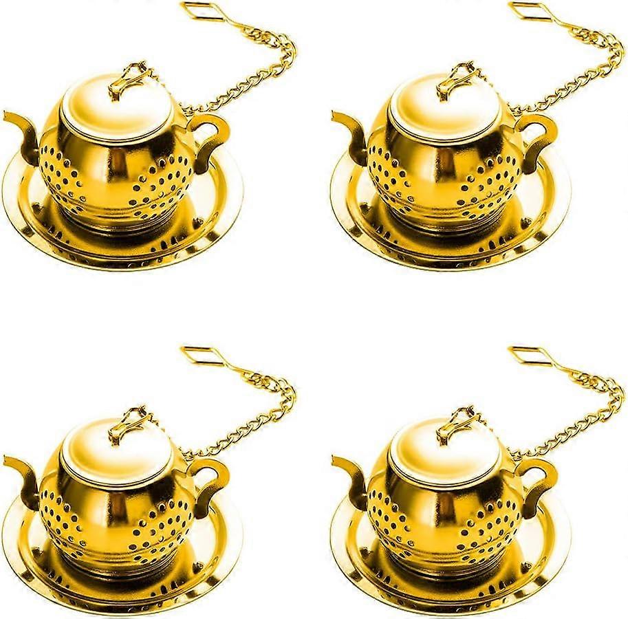 Loose Leaf Tea Infuser Ball Set of 4 Stainless Steel Tea Strainer with Chain and Drip Trays, Tea Filter for Mug and Cup (Gold)