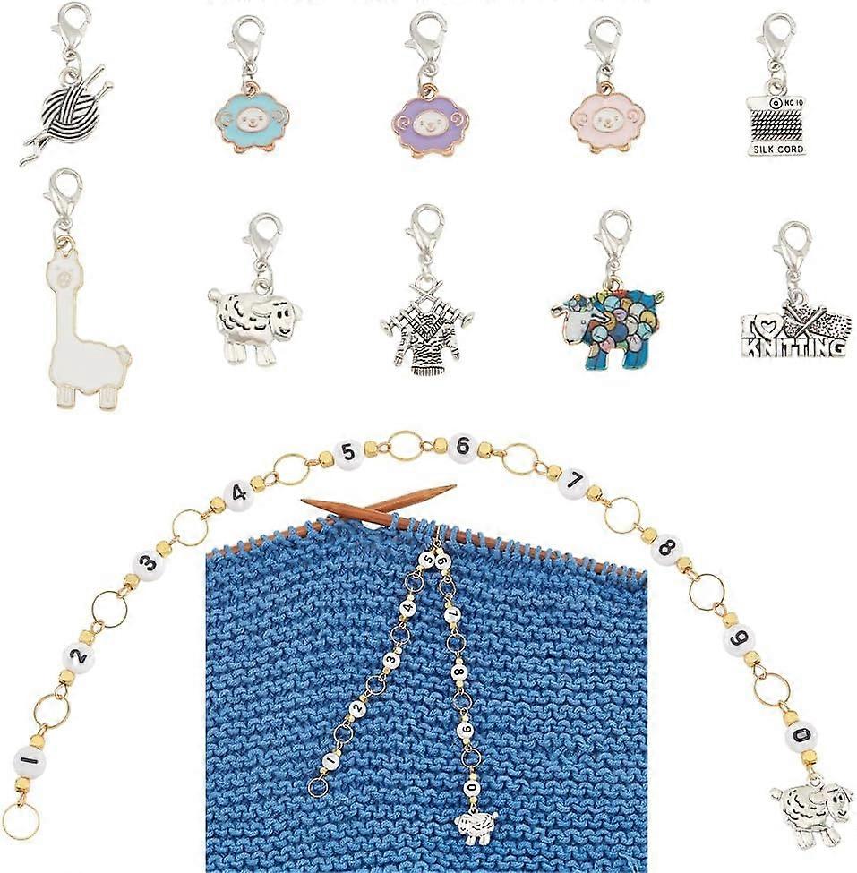11Pcs Stitch Marker Charms Sheep Alloy Enamel Charm Locking Stitch Markers Acrylic Number Bead Knitting Row Counter Chains with Claw Clasps for Knitti