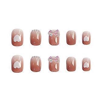 Short Bowknot Fake Nails Sweet Style False Manicure With Rhinestone