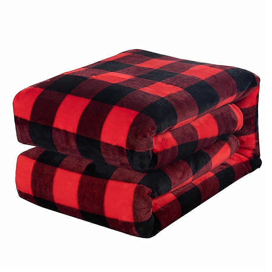 Warm and Soft Red Black Plaid Coral Fleece Blanket, 130x150cm
