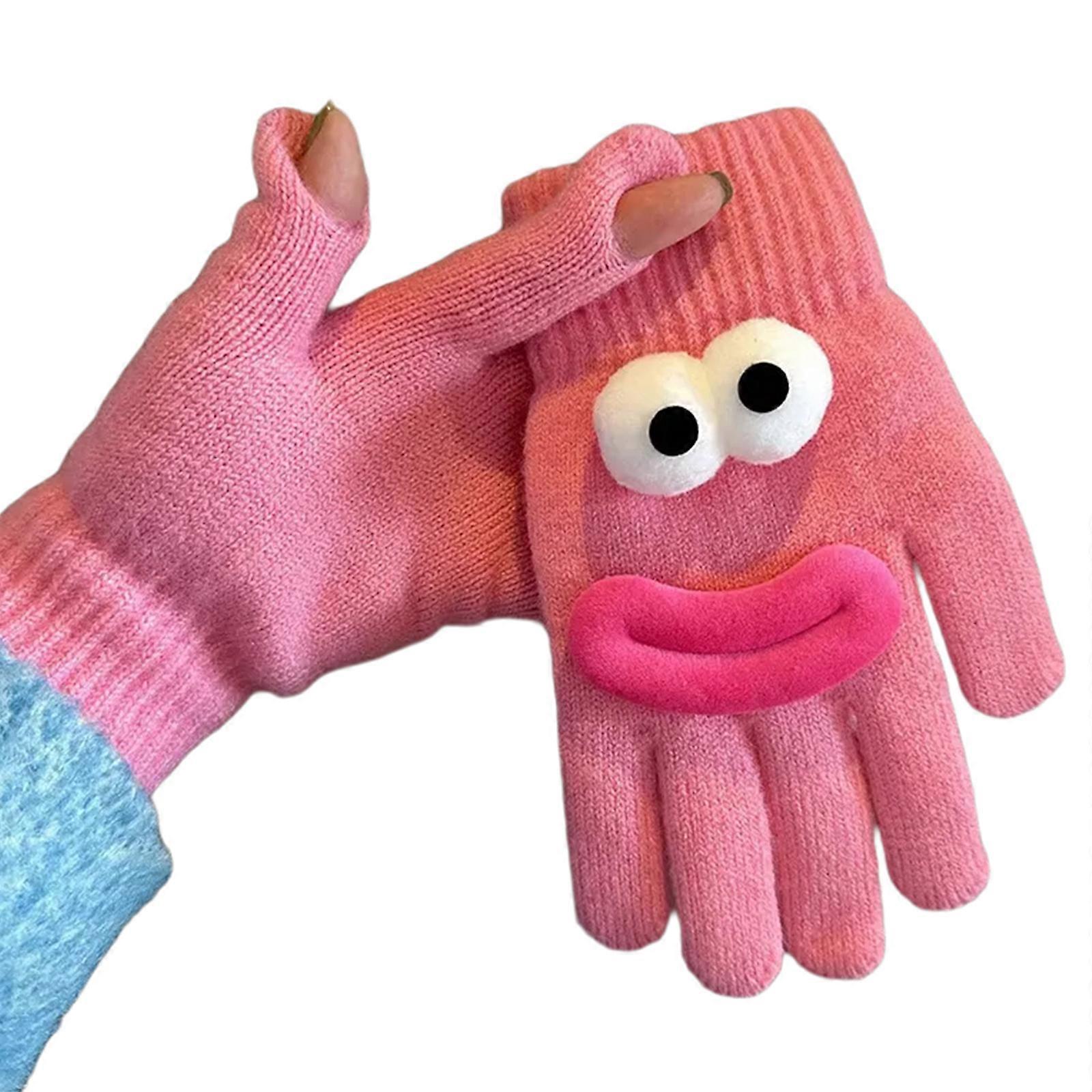 3D Sausage Mouth Gloves with Screentouch Finger Elastic Cuffs Gloves Thicken Hand Warmer for Writing Reading Daily Use pinks