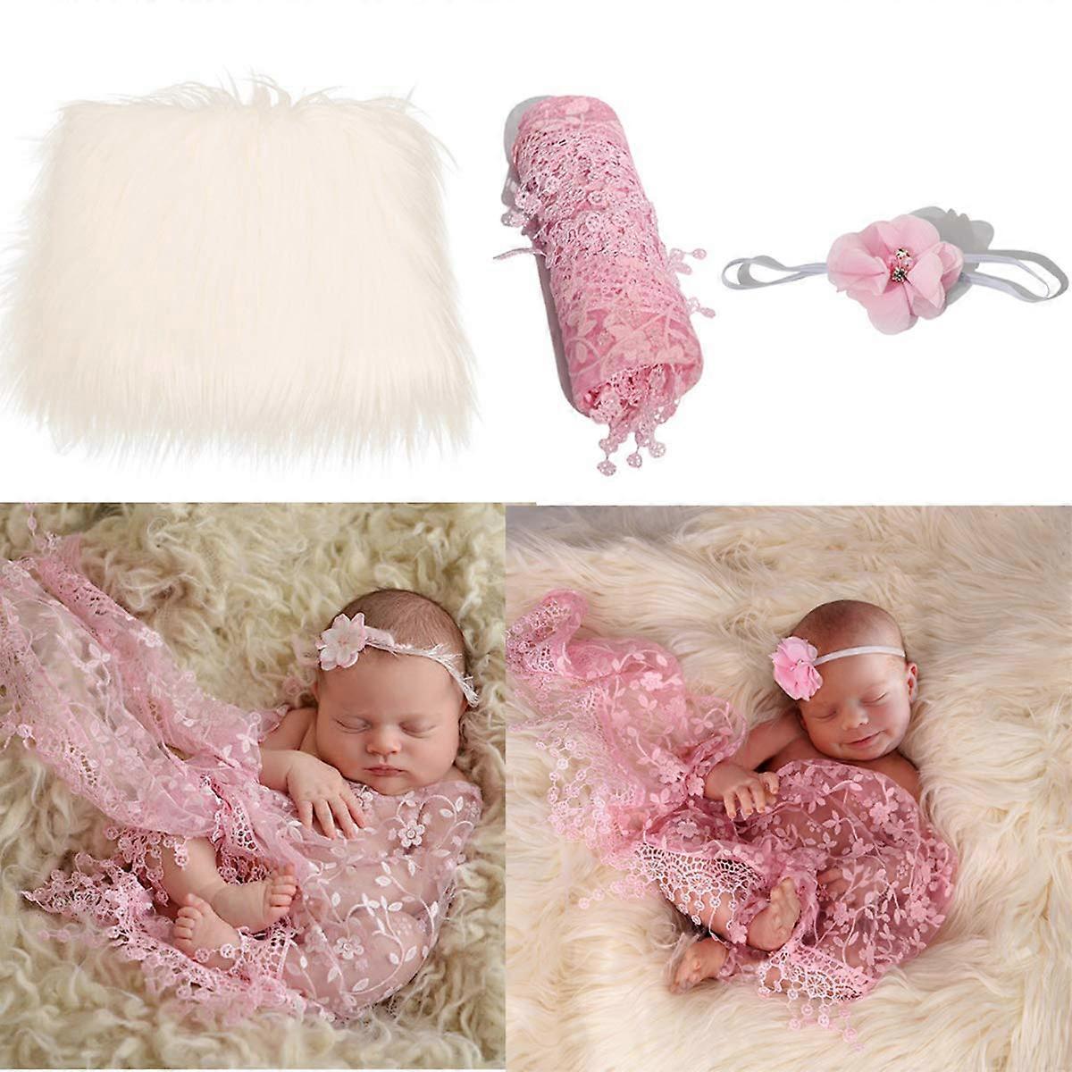 Baby Photo Props Set 3Piece Infant Props Kit With Soft Fluffy Blanket Wrap, Headband, Pink Backdrop Rugs for Newborns