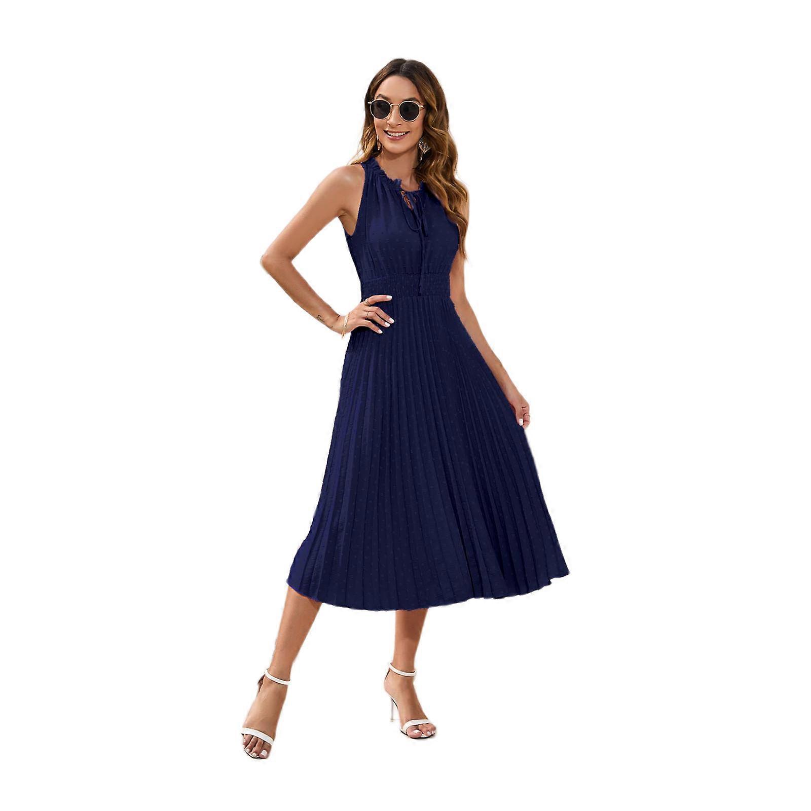 Womens Long Summer Dresses Sleeveless Crew Neck Flowy Pleated Maxi Cocktail Dress  Summer Female Casual Clothing Blue M | Fruugo NO