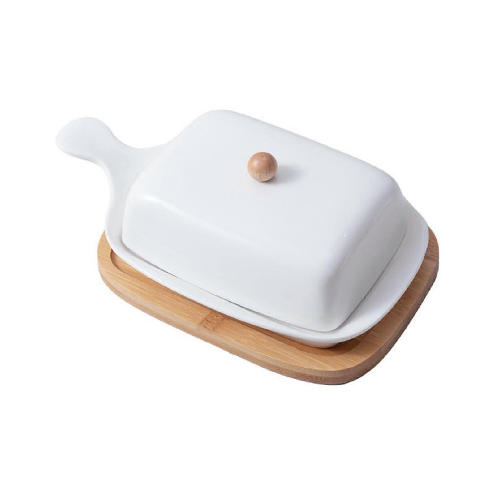 Butter Dish with Bamboo Tray and Lid - Ceramic Butter Keeper Storage Container 4.3"L x 2.6"W x 1.3"H for Kitchen Countertop
