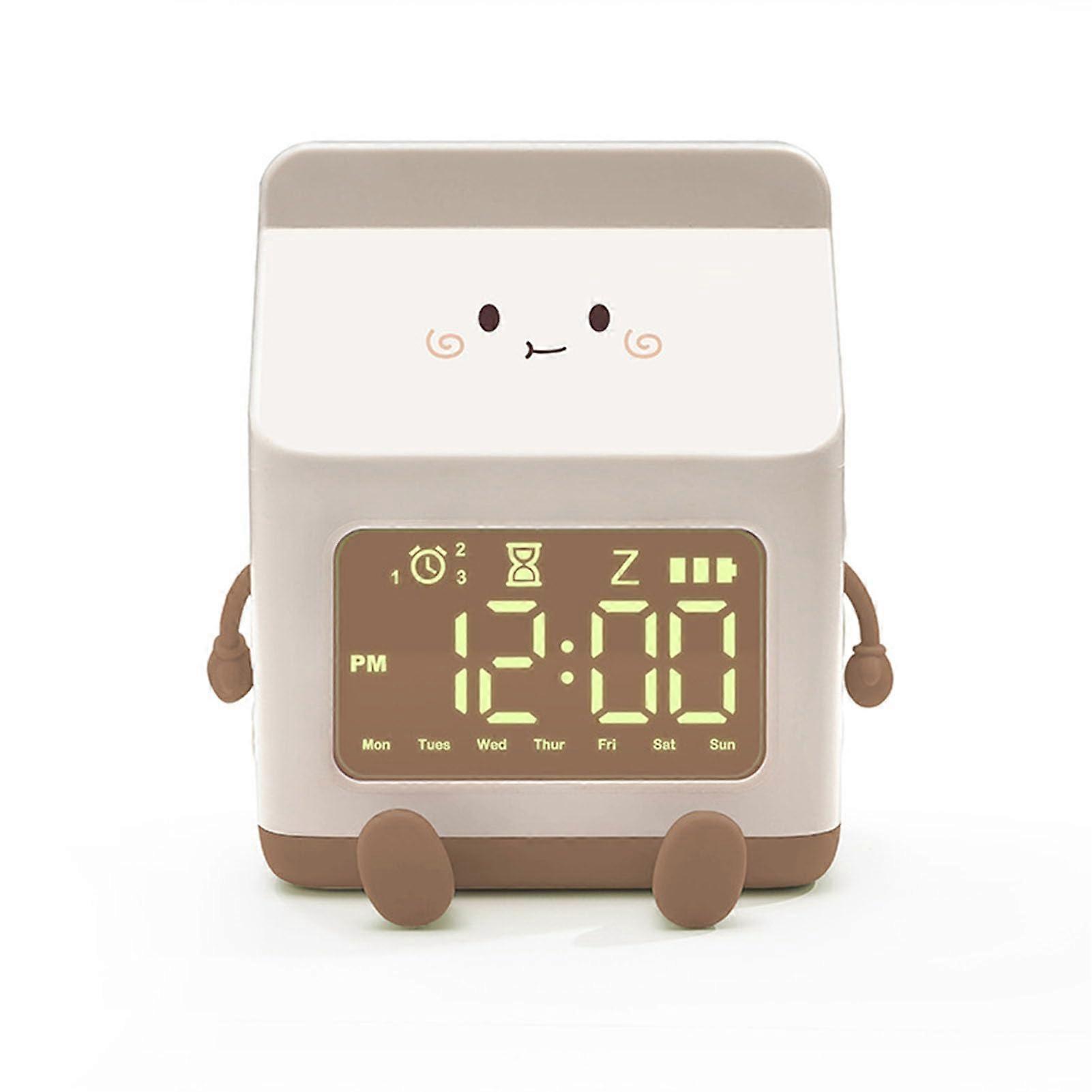 Cute Cartoon Fun Milk Box Digital Alarm Clock for Student Wake Up Desk Brown