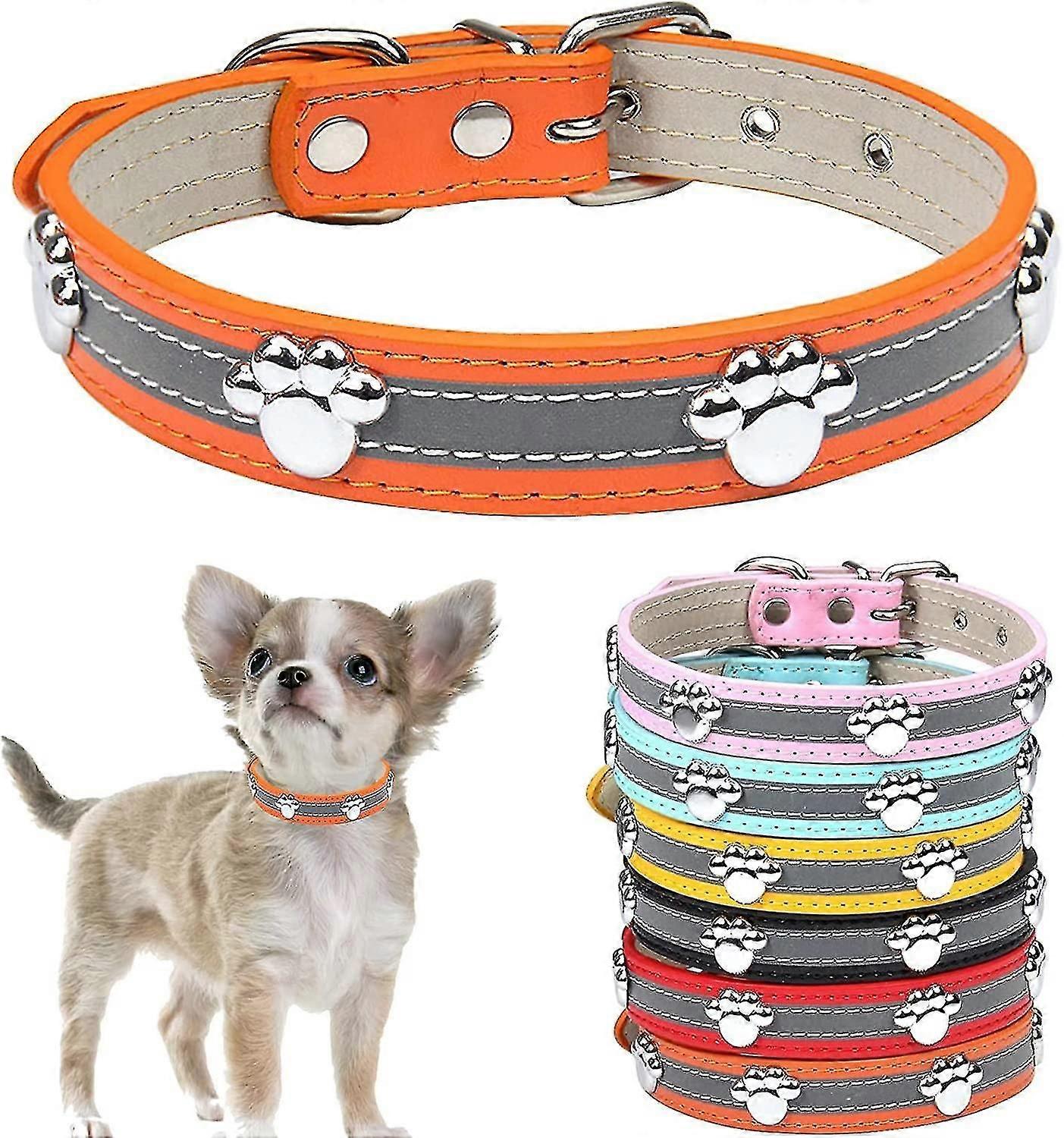 かわいい足のリベットと反射犬の首輪がちりばめられて面白い柔らかいPuレザー調節可能な子犬の犬の首輪小型中型大型犬猫オレンジX-ラージ(