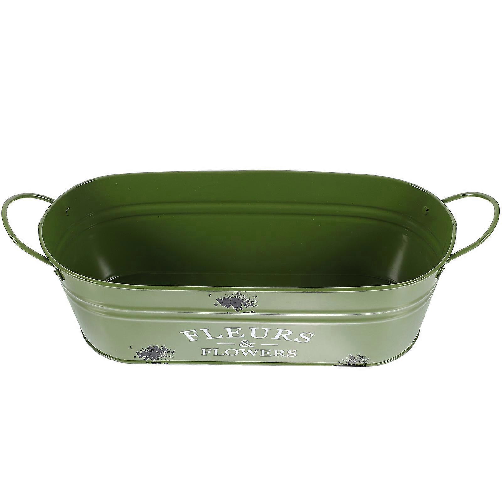 Vintage Oval Iron Flower Bucket Planter with Handles Multi Function Decorative Vase for Indoor Outdoor Plants Retro Green Pot