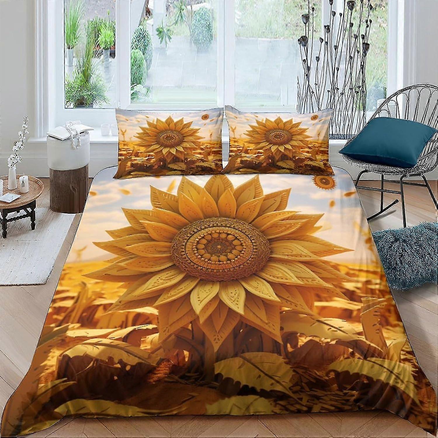 Conjunto de capa de edredom de girassol de 3 peças com fecho de zíper, roupa de cama de microfibra de fácil cuidado, adequada para tamanho duplo