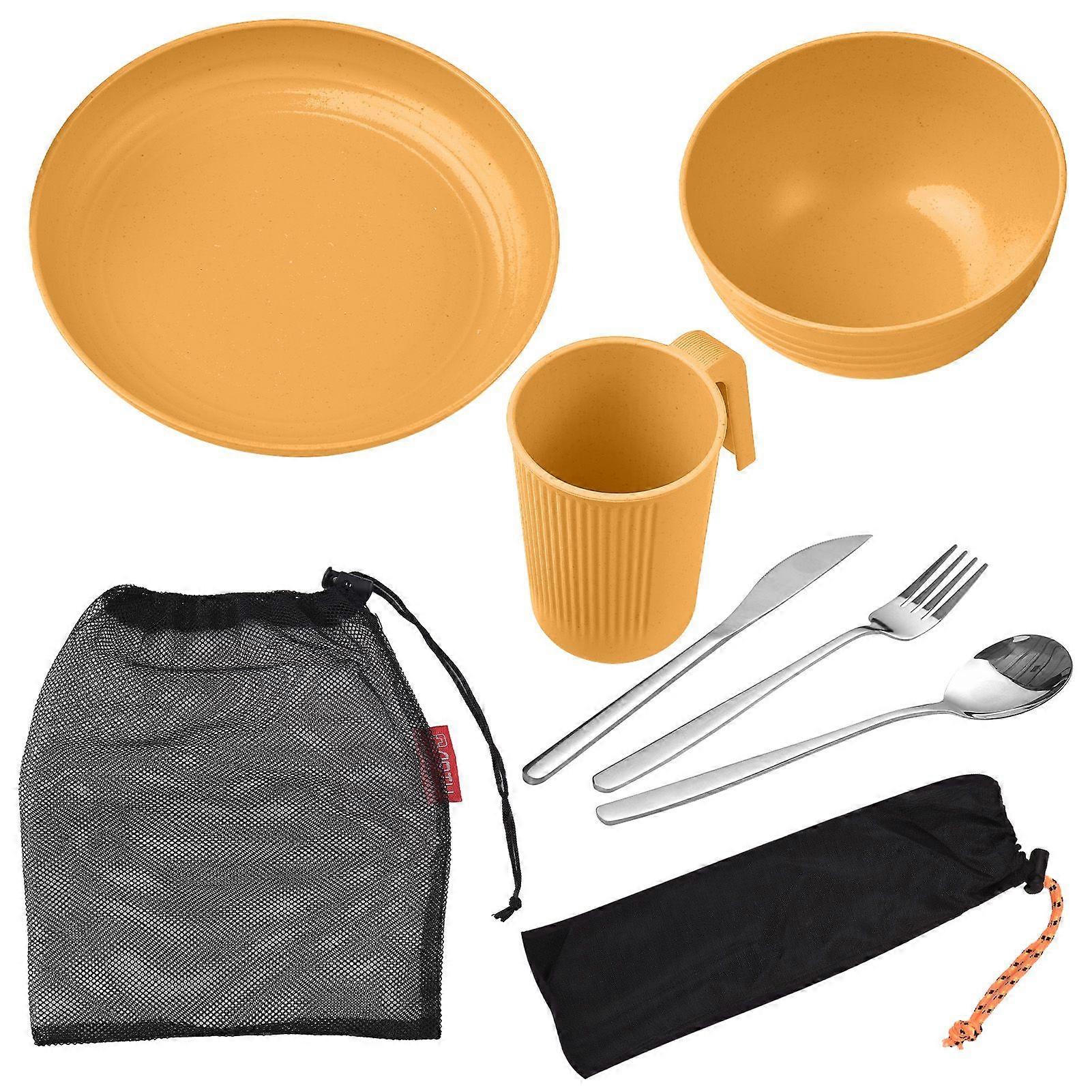 Camping Utensils Set for 1 Portable Wheat Straw Mess Kit with Bowl Plate Cup Fork Knife Spoon Outdoor Tableware & PicnicwareYMHC