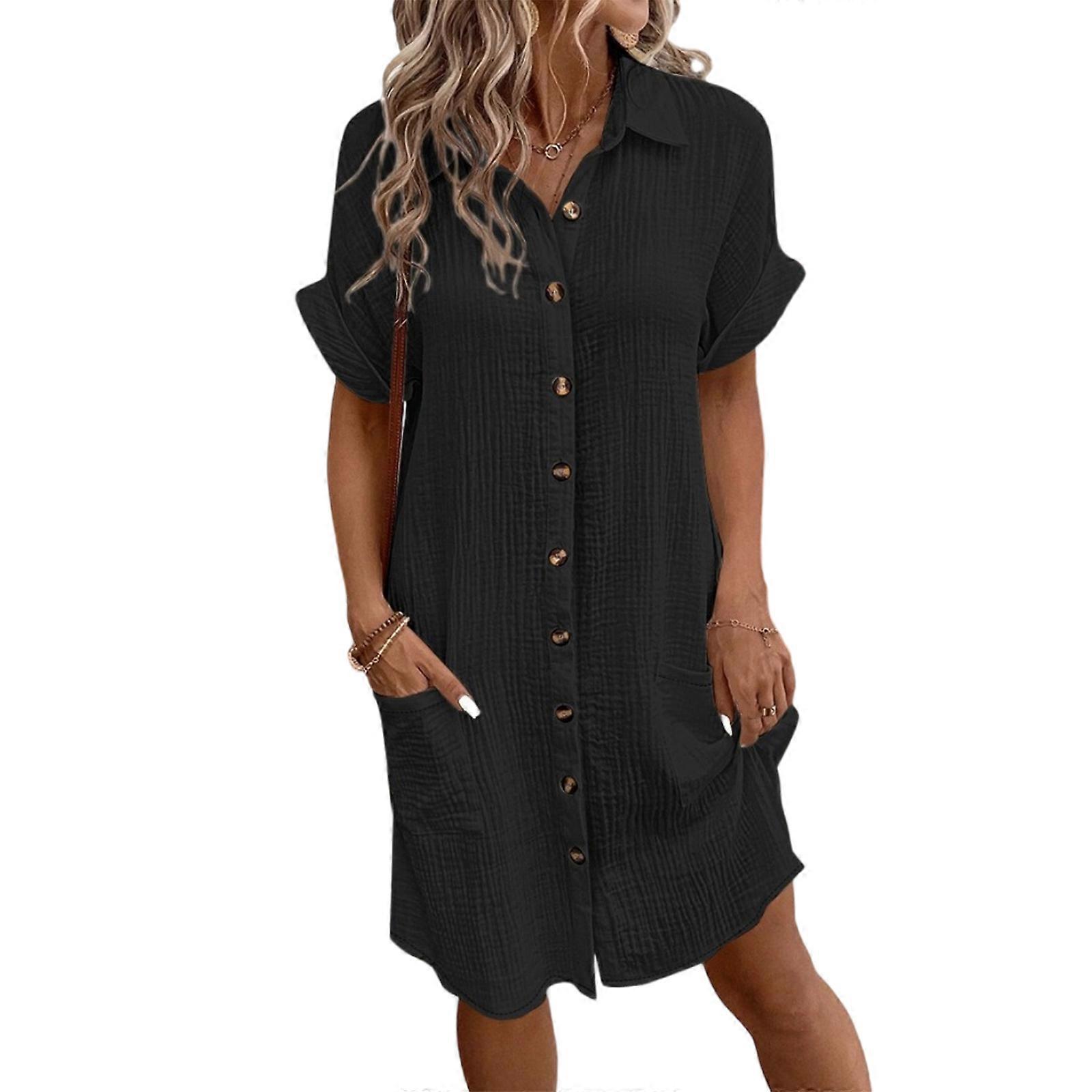 Casual V Neck Short Sleeve Button Down Cotton Midi Dress Loose Beach Shirt  Dress With Functional Pockets For Women XL Black | Fruugo UK