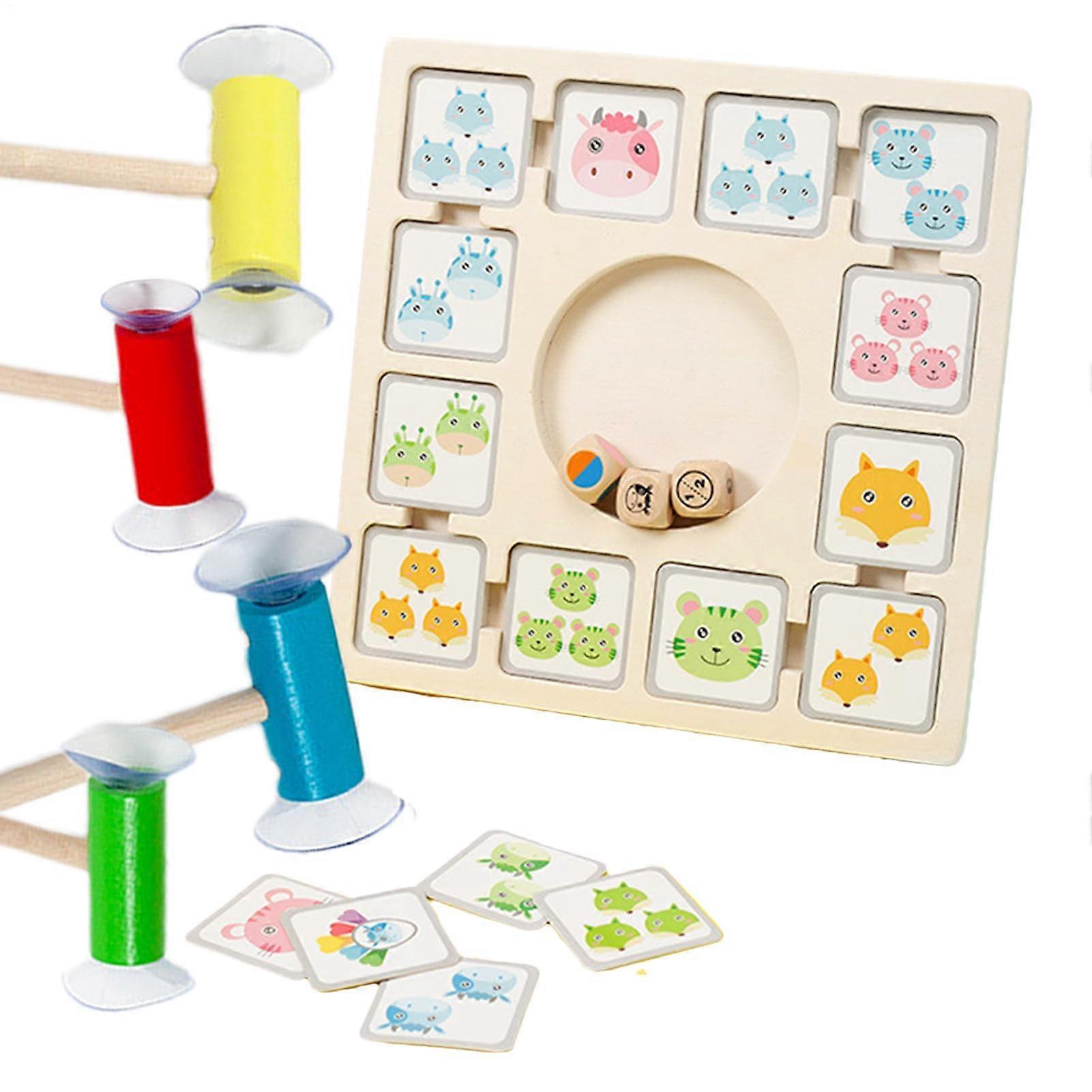 Dice Matching Game for Kids, Wooden Fine Motor Skills Toy with 96 Cards, 3 Dice, 4 Suction Rods, Ages 4+ Educational Activity