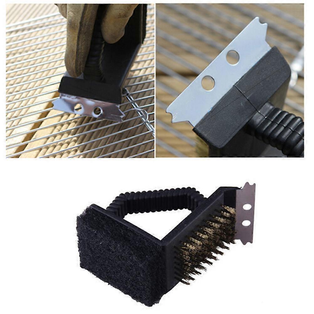 Grill Cleaning Tool with Copper Wire Bristle Brush and Sponge for BBQ and Kitchen Use Black Plastic and Copper 3 in 1