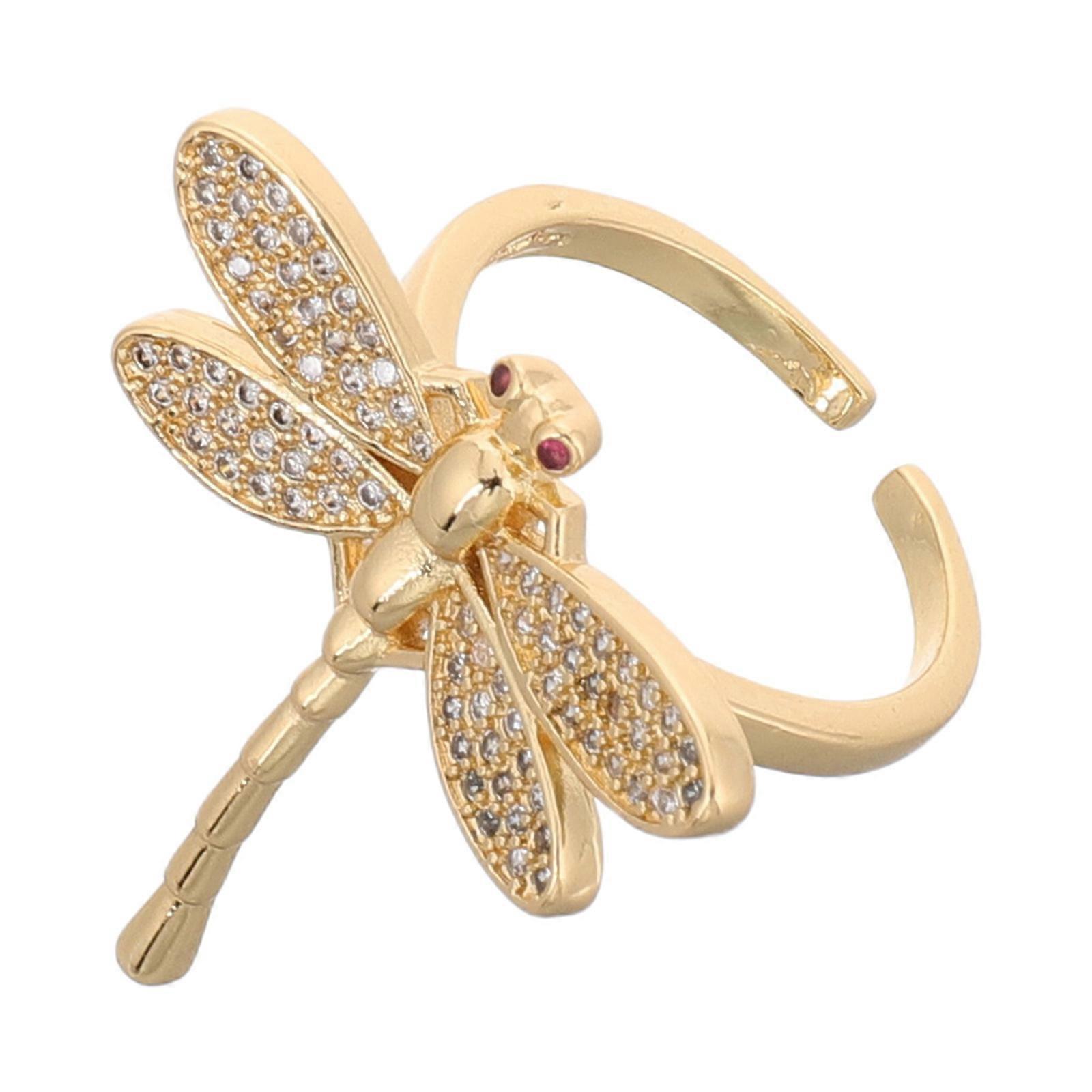 خاتم مفتوح قابل للتعديل مطلي بالذهب بتصميم اليعسوب الزركونيا المكعب للنساء - مجوهرات أنيقة لحفلات الزفاف واحتفالات الذكرى السنوية والملابس اليومية