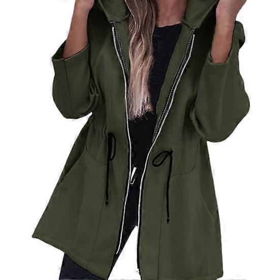 Women Jacket Windbreaker Style Hooded Drawstring Waist Large Pockets Solid Color Zipper Closure Thermal Long-Sleeved Biking Hiking Workout Spring Fall