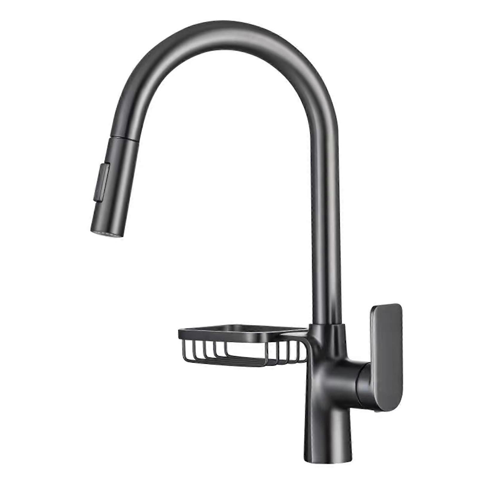 Gun Grey Pull-Down Kitchen Faucet, Brass Finish, Single-Handle, 360 Swivel, 2-Mode Sprayer, With Shelf, Hot and Cold