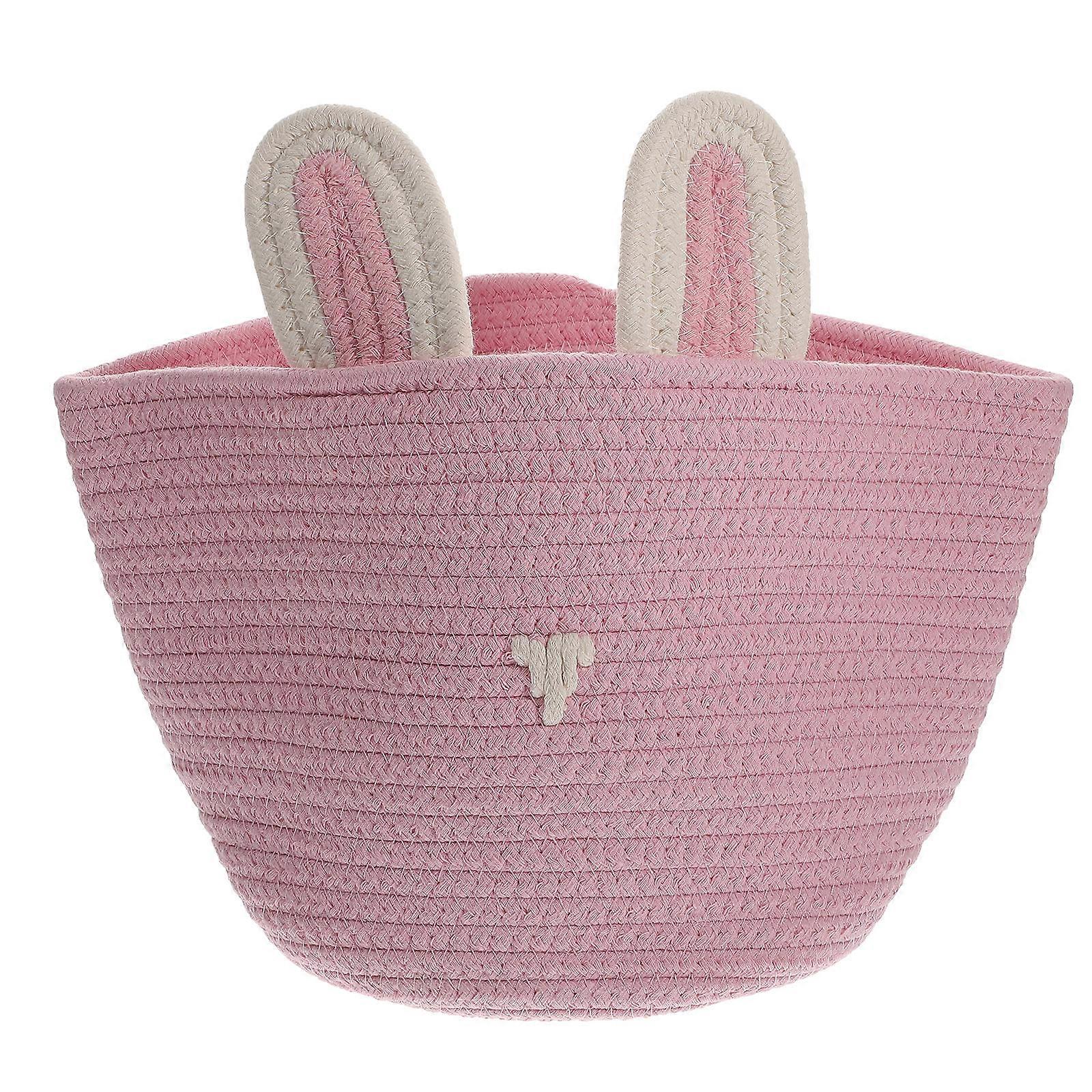 Small Storage Basket Rabbit Ear Decor Pink Cotton Rope 1Pcs