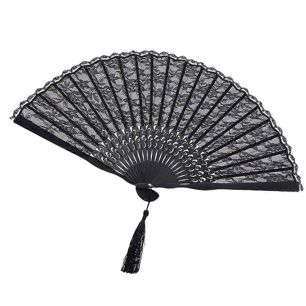 Vintage Lace Handheld Folding Fan For Women Performance Summer Use Black 1Pack