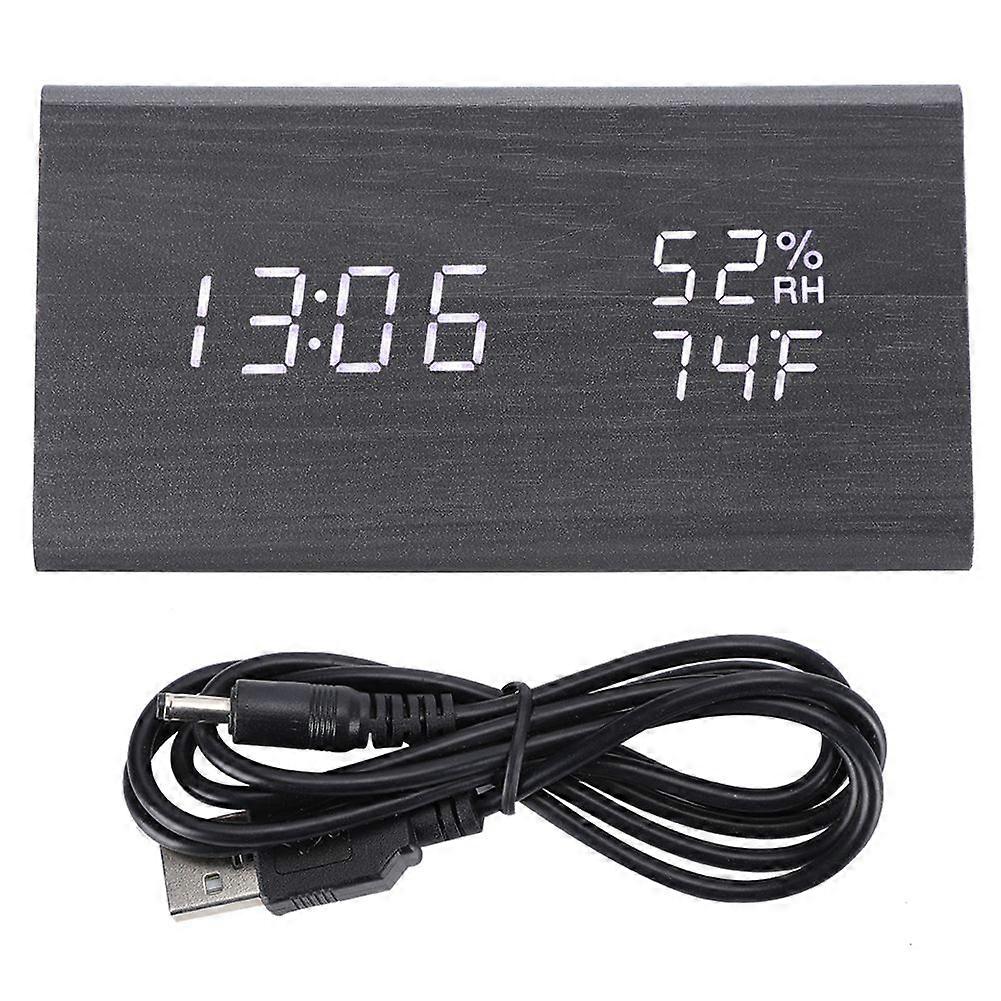 Digital LED Wood Desk Clock Voice Control Triangular Temp Humidity Alarm White Light