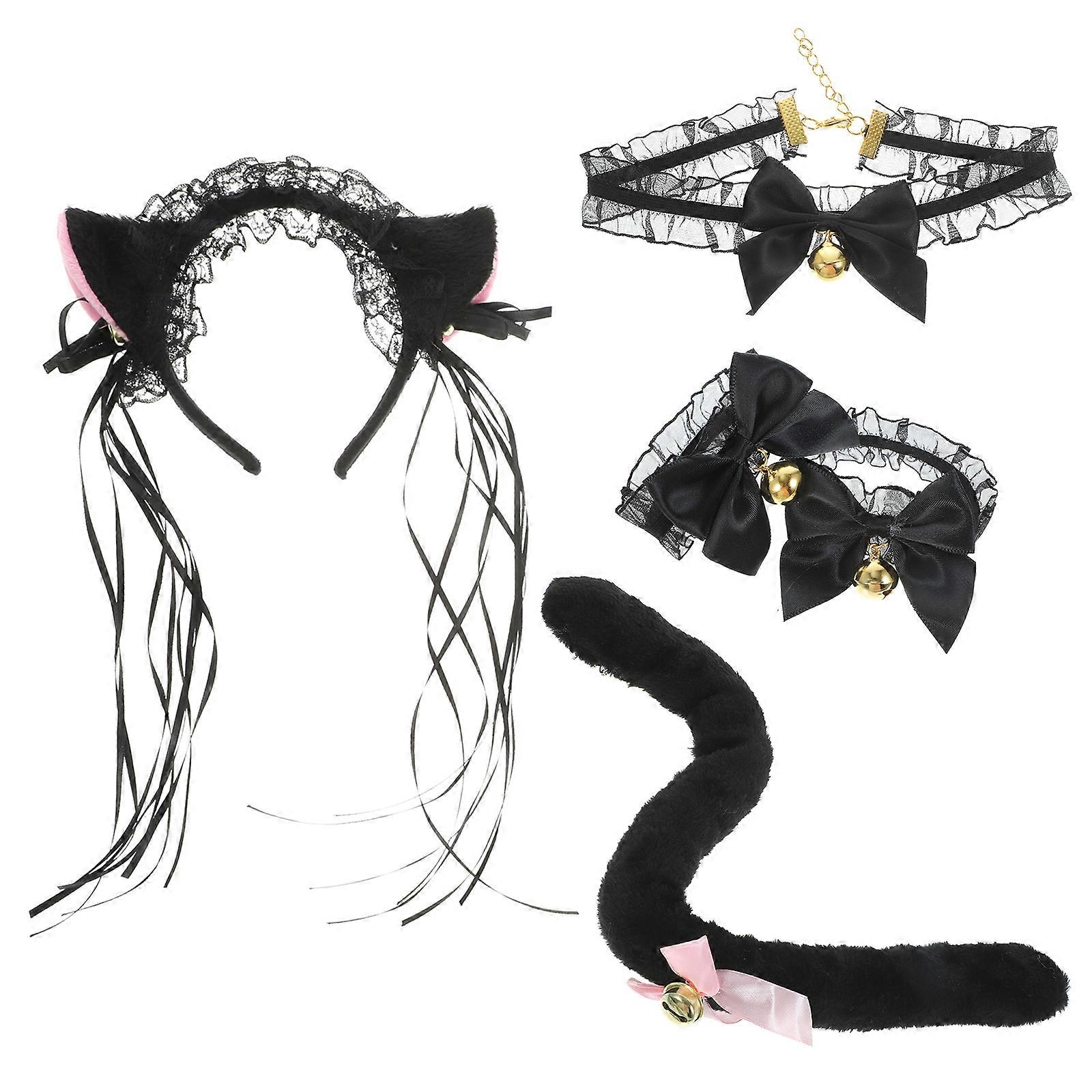Cosplay Party Accessories With Fox Ears And Tail Plush Headband For Ladies In Black Including Wristband And Choker 2 Sets