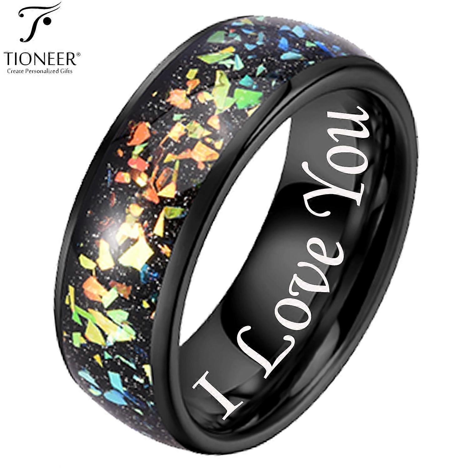 Tioneer Black IP Tungsten Ring 8mm Galaxy Series w/ Opal Inlay in Different Styles Wedding Band for Men Women w/ FREE Engraving Options