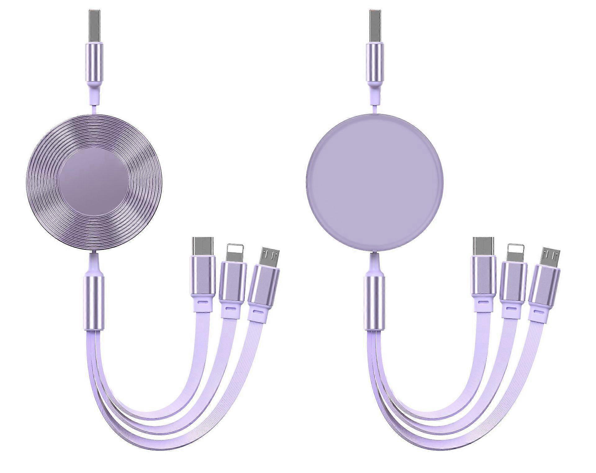 4-in-1 100W Retractable Charging Cable with Lightning/Micro/Type-C Interface for Apple and Android Phones (2 Pcs) Purple