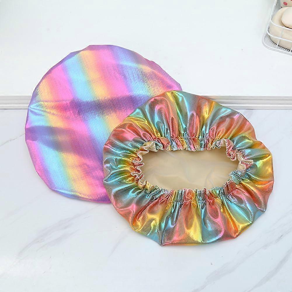 Shower Caps Double Layer Thickened, Waterproof Rainbow Print For Women, Large Reusable 2Piece Set With Elastic Band
