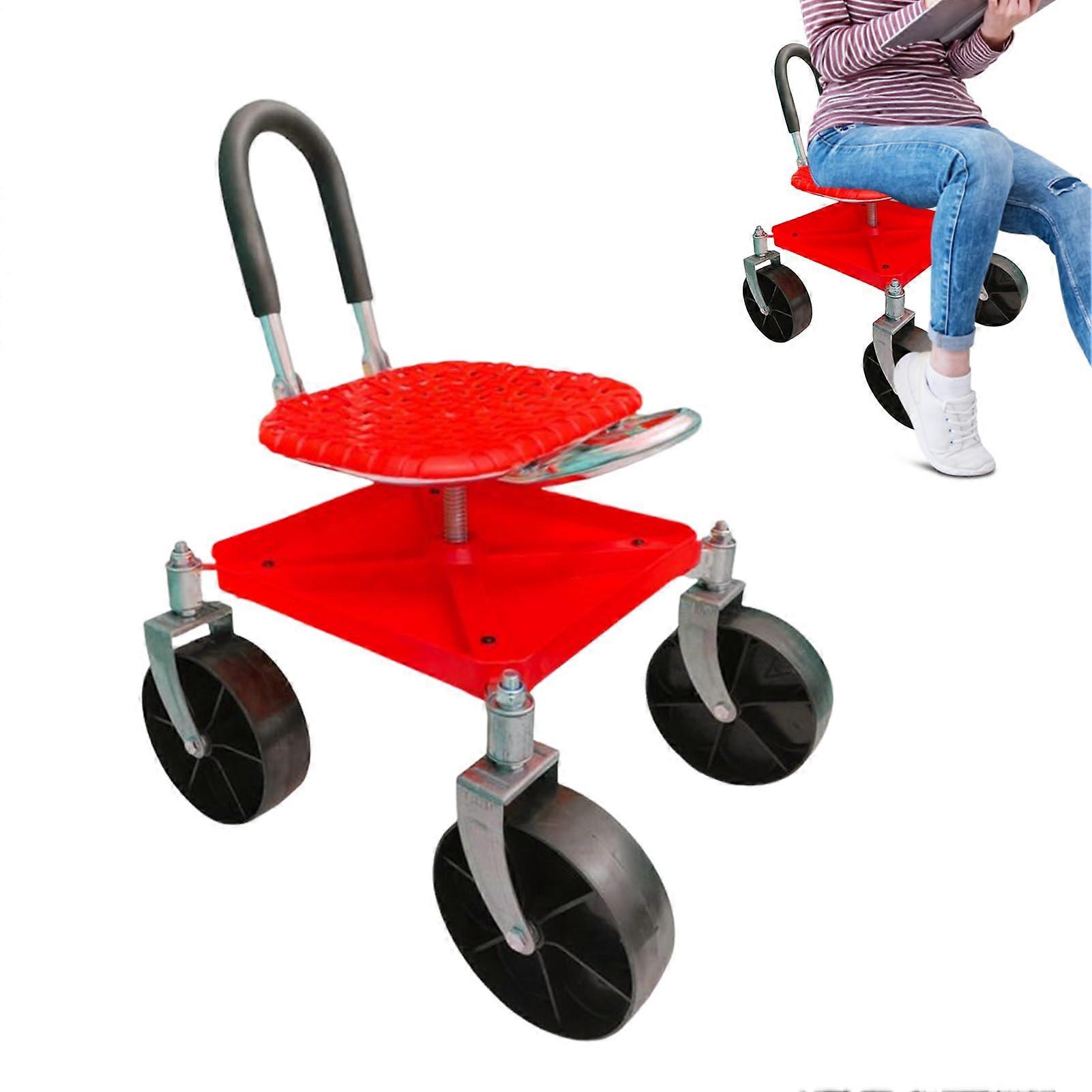 Gardening Stool with Steering Handle and Tool Tray, 150kg Capacity Garden Scooter for Lawn Pruning and Planting, Red