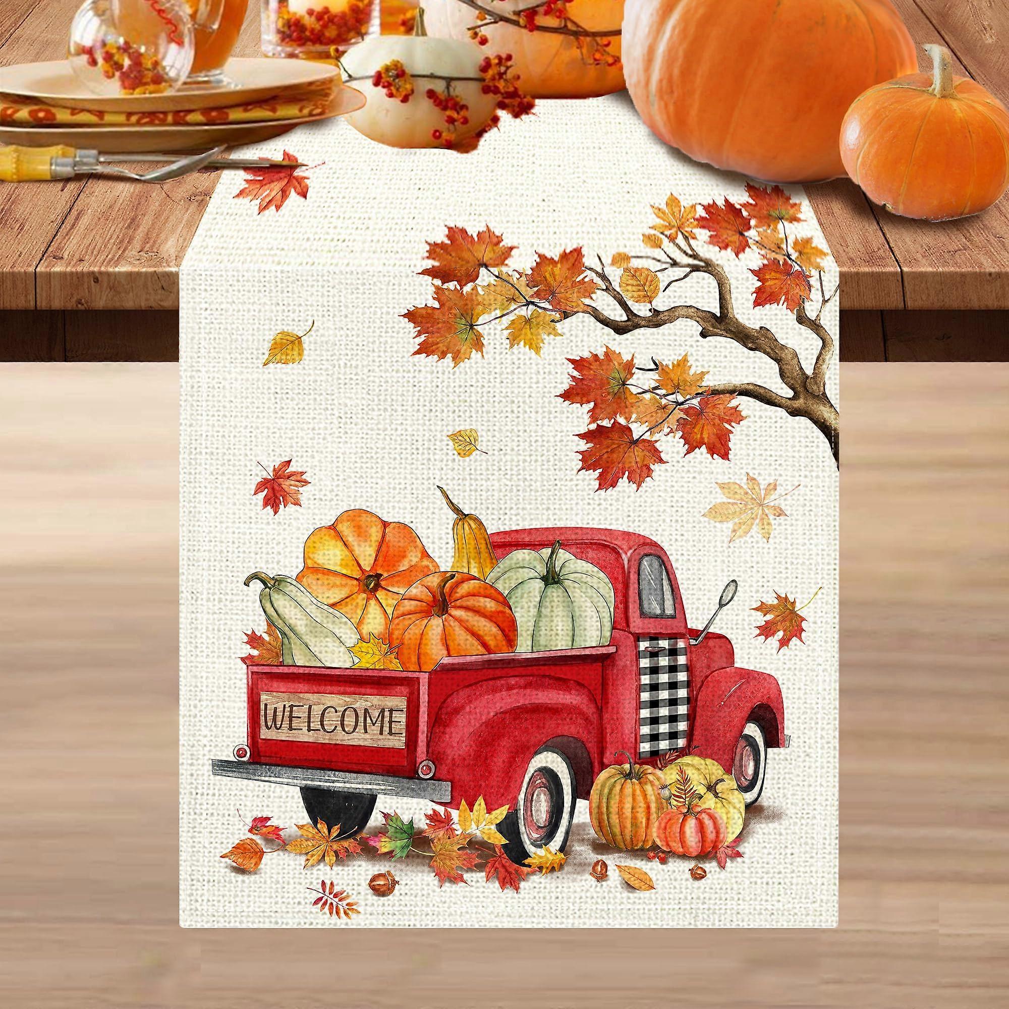Fall Table Runner 72 Inch with Gnomes Pumpkins Burlap Rustic Plaid for Dining Room Parties