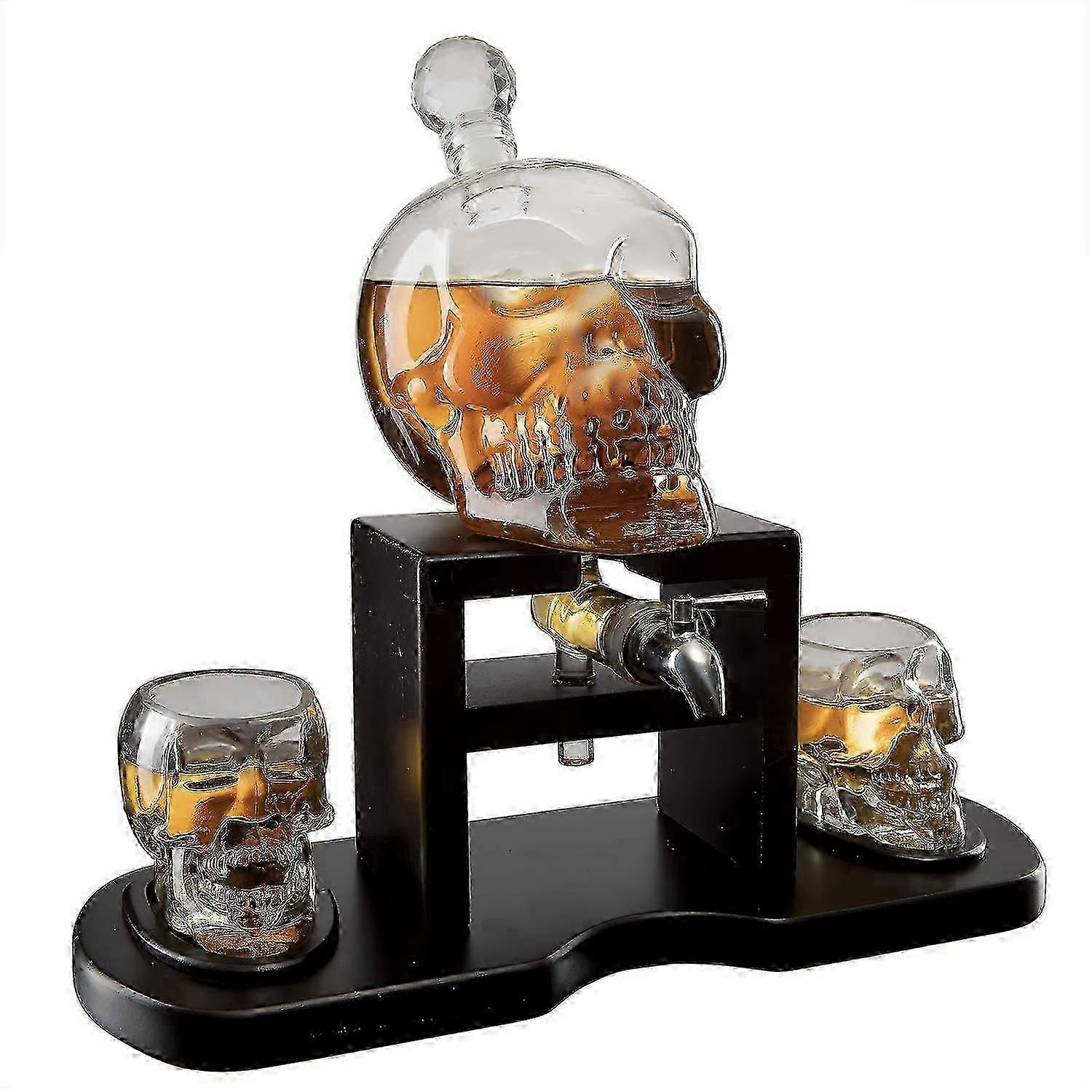 Decanter Set with Mahogany Base for Whiskey, Skull Design with Glasses