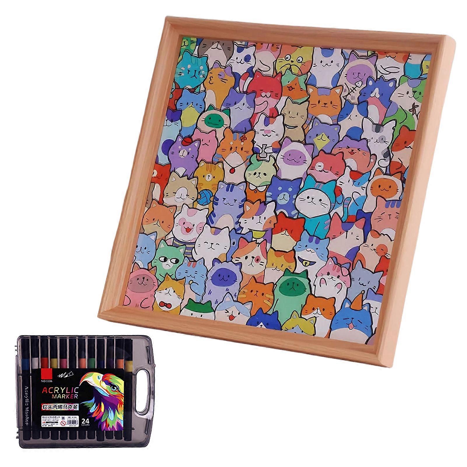DIY Wooden Cat Coloring Puzzle with Frame Pens 2-in-1 Coloring Irregular Jigsaw Puzzle Craft Kit 3D Puzzle Photo Frame Ornament Decoration 