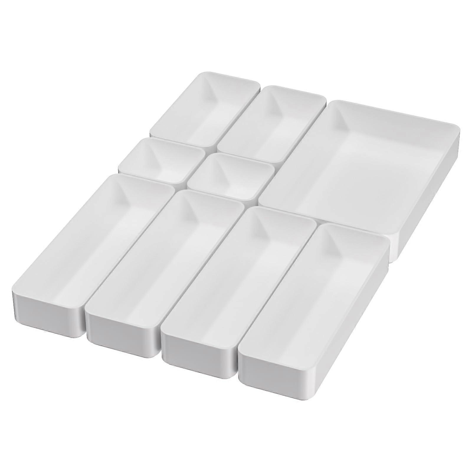 9 Pcs Stackable Drawer Organizer Trays Set, MultiSize Plastic Storage Organizer for Kitchen, Bathroom, Office, White