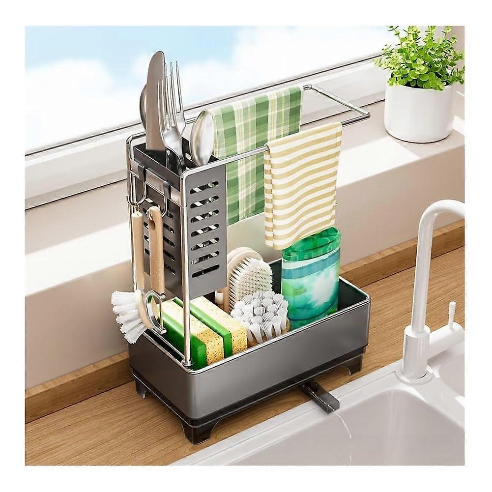 Kitchen Sink Organizer with Towel Rack, SelfDraining Dish Drying Rack for Sponge and Soap Holder