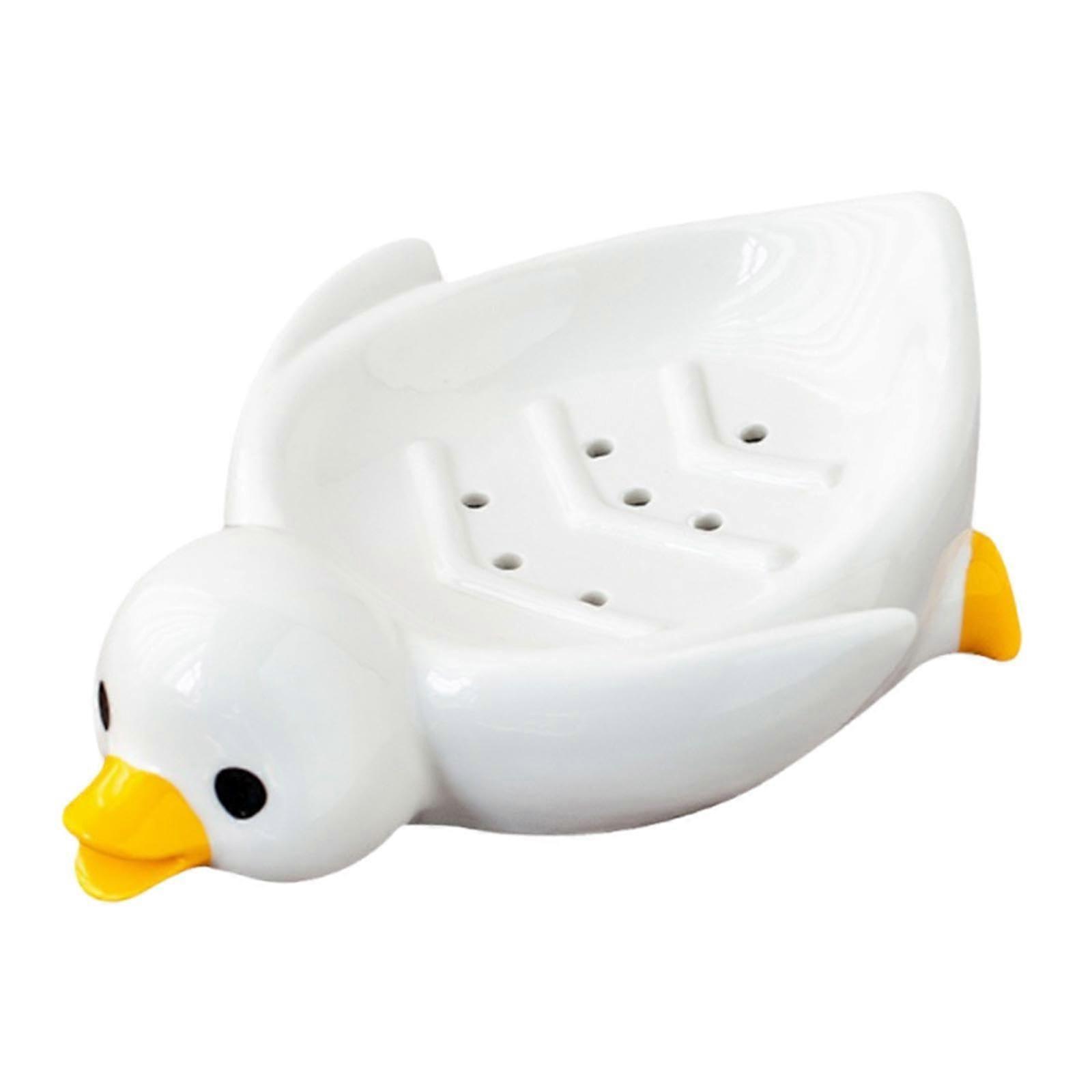 Ceramic Soap Dish Duck Shape Self Draining Holder for Bathroom Kitchen Sink Countertop White