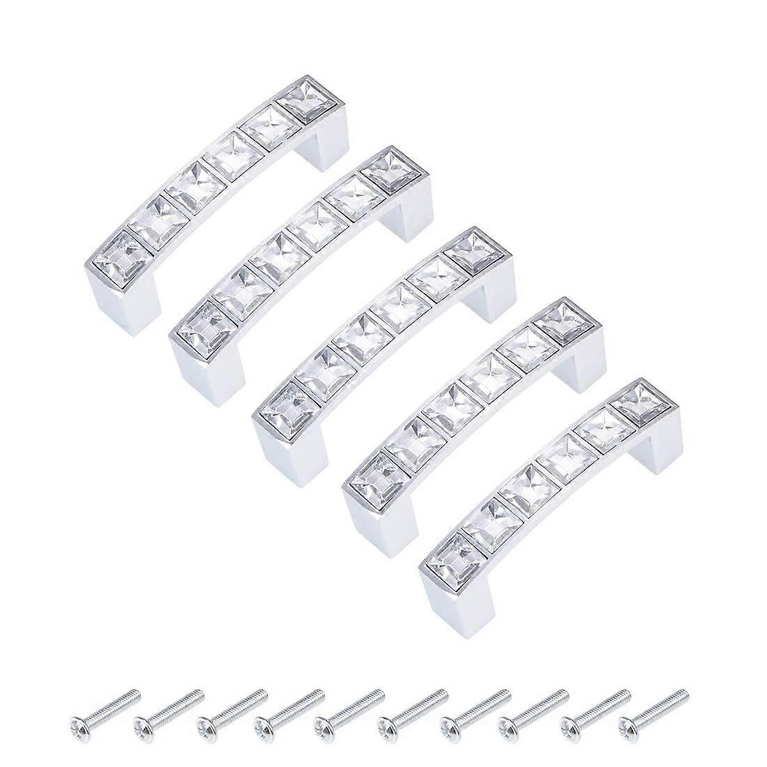 64mm Crystal Cabinet Pull Handles Elegant Glass Drawer Knobs Silver Alloy with Screws 5Pcs