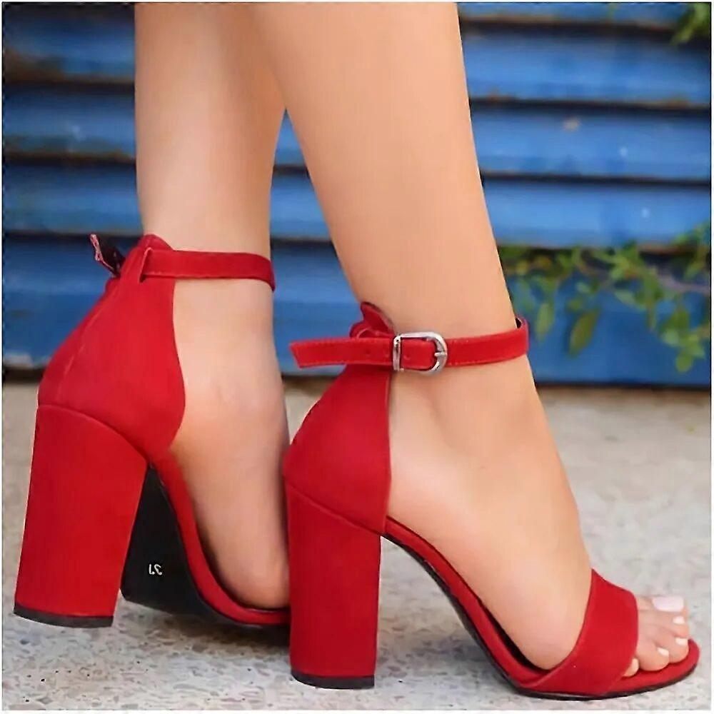 Red Suede Chunky Heel Ankle Strap Sandals MA-030