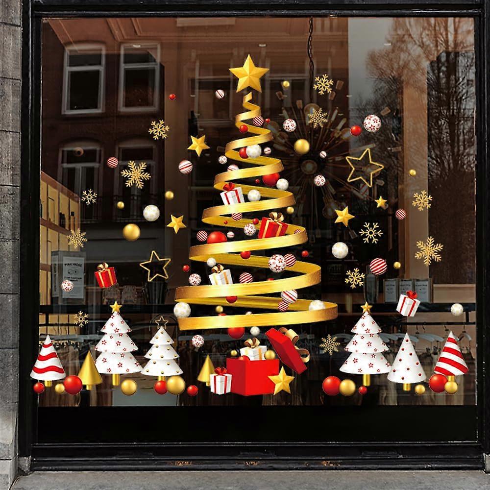 Extra Large Christmas Window Stickers with Gold Tree Design, Reusable DoubleSided Decals 30x100cm