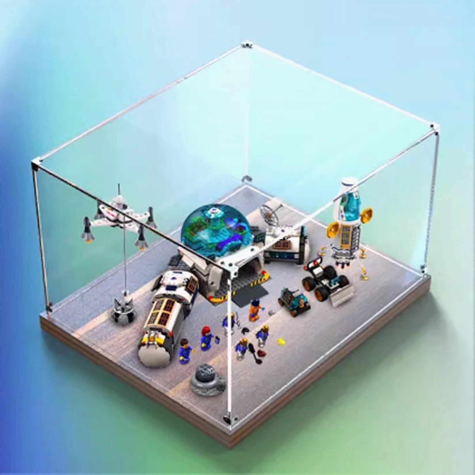 Display Case for  60350 Lunar Research Base, Dustproof Clear Acrylic Box with Walnut Base