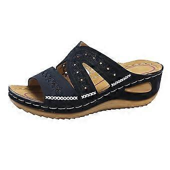 Damesandaler med broderi i flere farger og kileform, fiskemunn, platåsko, damesko, flate sko med bred bredde, sommertilbud