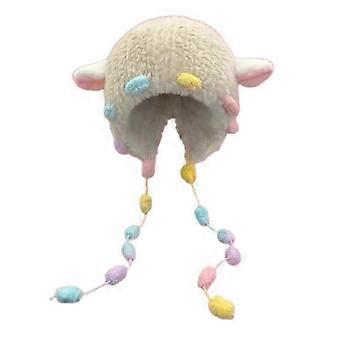Cartoon Lamb Ear Hat for Women Pompoms Earmuff Hat Warm Trapper Hat Outdoor Activity Cold Weather Windproof Headgear White
