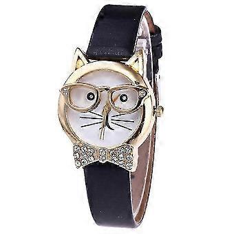 Schattig dameshorloge met ronde wijzerplaat, kattengezichtje, strasssteentjes en imitatieleer, quartz uurwerk.
