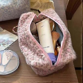 Large Fuzzy Plush Leopard Cosmetic Bag
