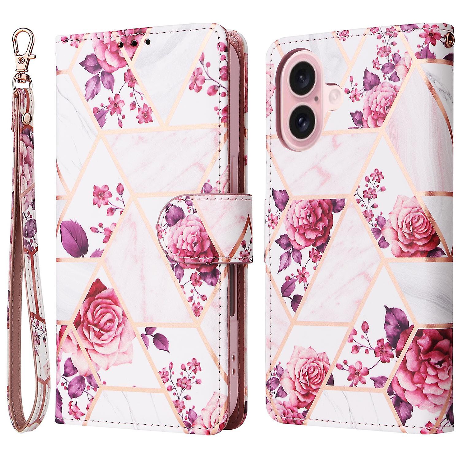 For iPhone 16 Case Marble Pattern Print Leather Wallet Phone Cover - Rose Gold